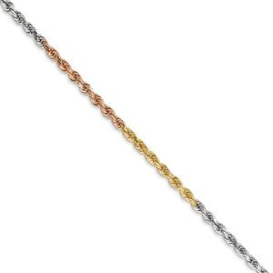 2.5mm, 14k Tri-Color Gold, D/C Solid Rope Chain Necklace, 24 Inch